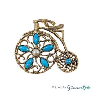 Vintage 1928 Company Penny-Farthing Bicycle Faux Turquoise Gold Tone Brooch Pin